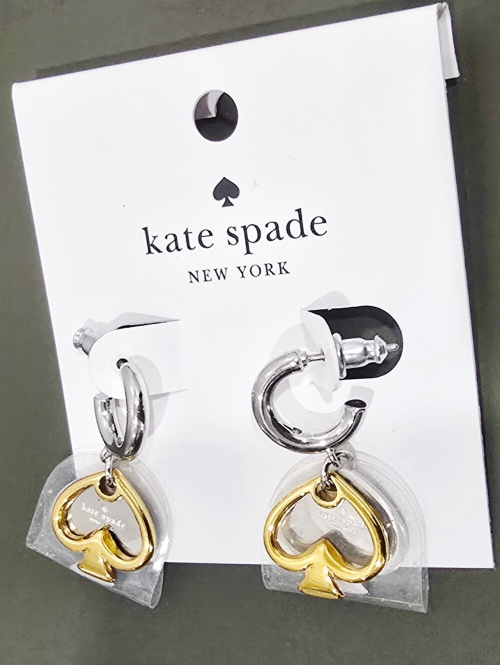 NEW! Kate Spade Statement Spade Charm Drop Huggies Earrings - Silver Gold KL110